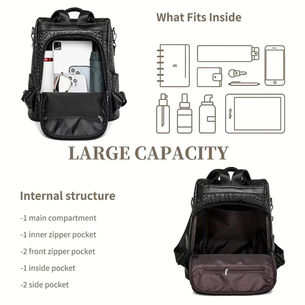 9197 Woven Leather Backpack Purse Waterproof Anti-theft Multipurpose Design - Picture 4 of 6